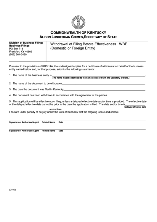 Fillable Form Wbe - Withdrawal Of Filing Before Effectiveness (Domestic Or Foreign Entity) - 2012 Printable pdf