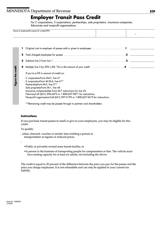 Employer Transit Pass Credit - Minnesota Department Of Revenue Printable pdf