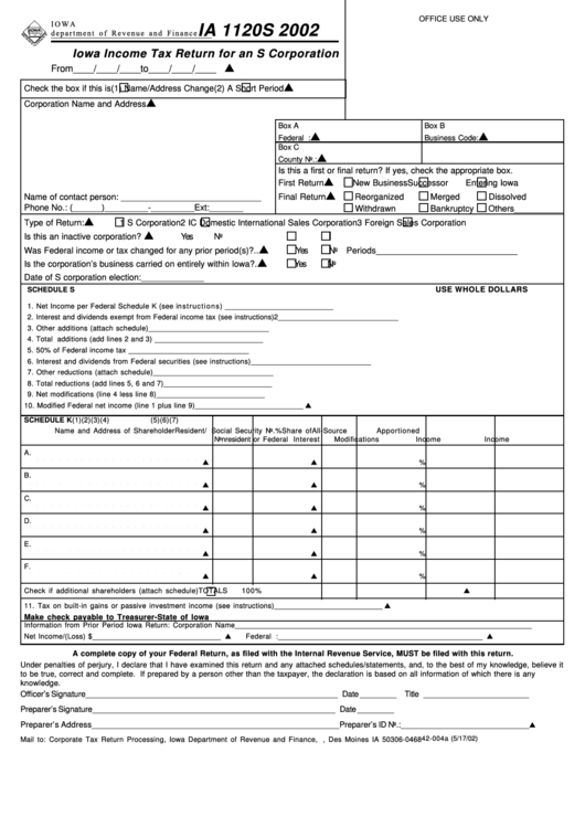 Form Ia 1120s - Iowa Income Tax Return For An S Corporation - 2002 Printable pdf