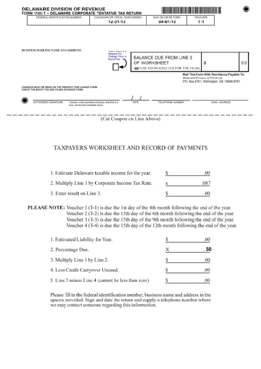 Taxpayers Worksheet And Records Of Payments - Delaware Division Of Revenue Printable pdf