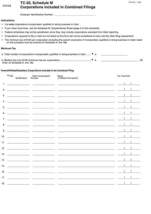 Fillable Form Tc-20 - Schedule M - Corporations Included In Combined Filings Printable pdf