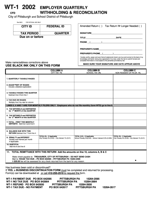 Form Wt-1 - Employer Quarterky Withholdong And Reconciliation - 2002 Printable pdf