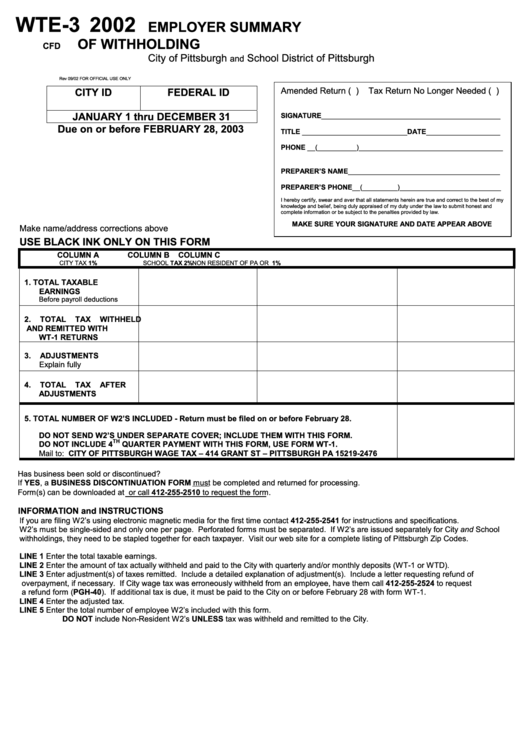 Form Wte-3 - Employer Summary Of Withholding - 2002 Printable pdf