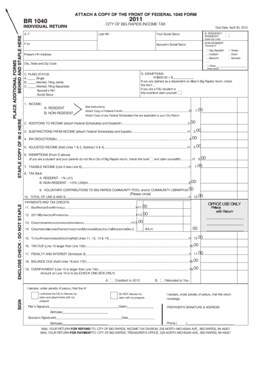 Form Br 1040 - Individual Return - City Of Big Rapids Income Tax - 2011 Printable pdf
