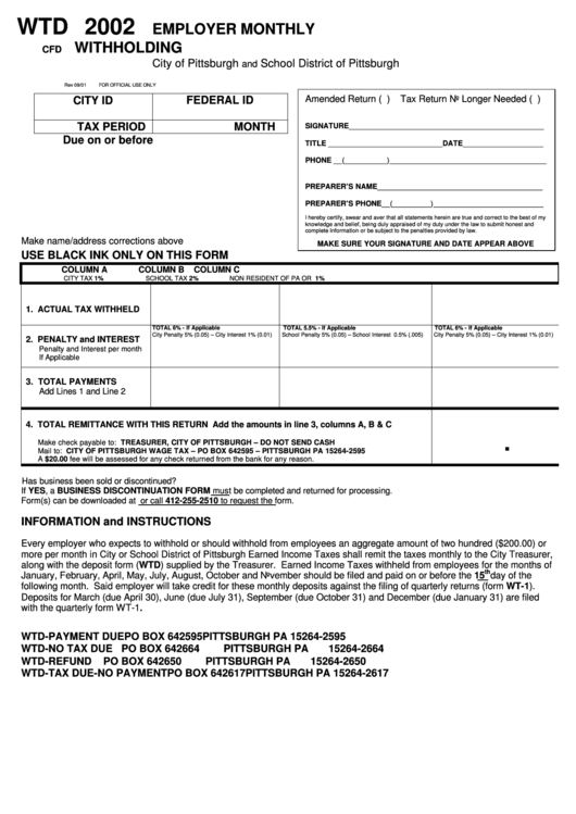 Form Wtd - Employer Monthly Withholding - City Of Pittsburgh - 2002 Printable pdf