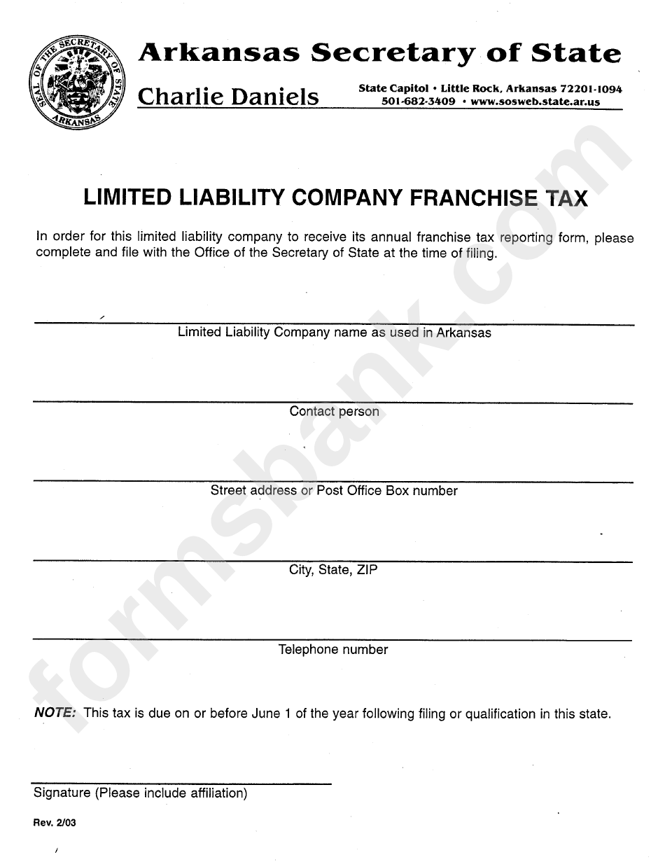 Limited Liability Company Franchise Tax - Arkansas Secretary Of State