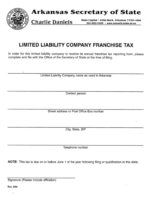 Limited Liability Company Franchise Tax - Arkansas Secretary Of State Printable pdf