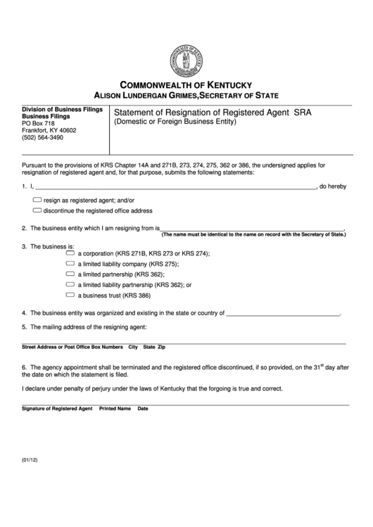 Fillable Form Sra - Statement Of Resignation Of Registered Agent - Domestic Or Foreign Business Entity Printable pdf