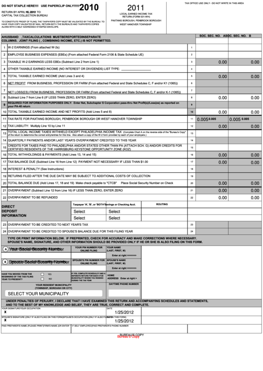Fillable Form 531-Wh - Local Earned Income Tax Return - 2011 Printable pdf
