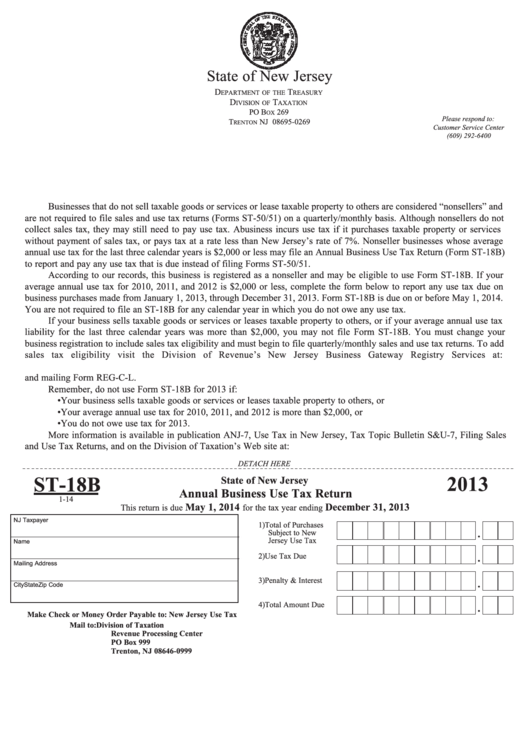 Fillable Form St-18b - Annual Business Use Tax Return - 2013 Printable pdf