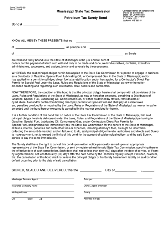 Form 74-075-991 - Petroleum Tax Surety Bond - Mississippi State Tax Commission Printable pdf
