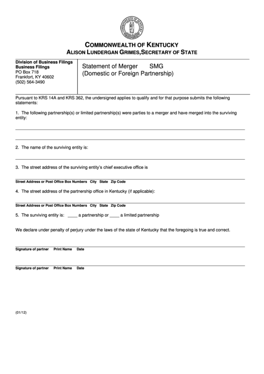 Fillable Form Smg - Statement Of Merger (Domestic Or Foreign Partnership) Printable pdf