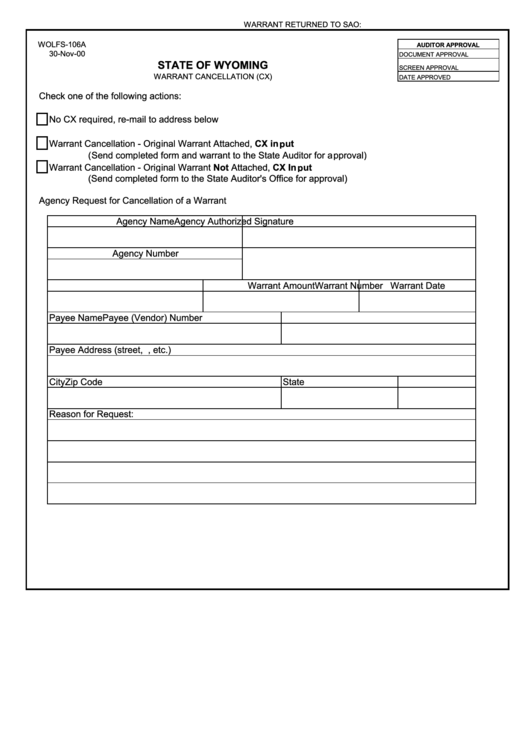 Form Wolfs-106a - Warrant Cancellation (Cx) - State Of Wyoming Printable pdf