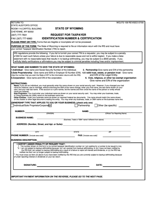 Fillable Form Wolfs-109 - Request For Taxpayer Identification Number & Certification Printable pdf