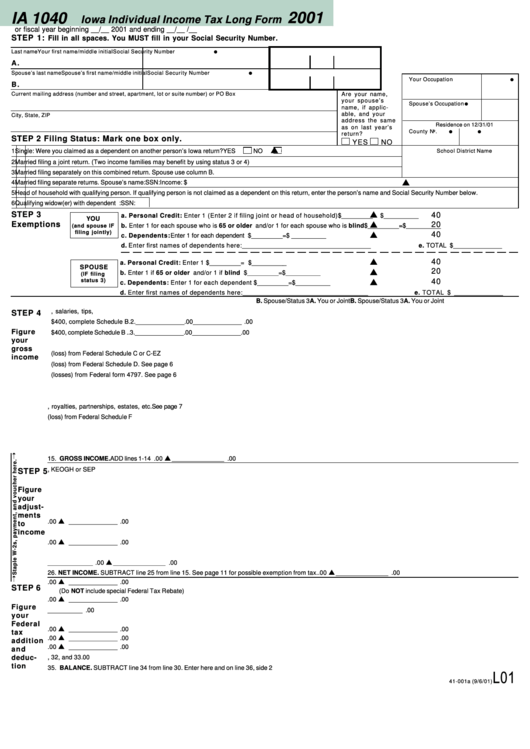 Form Ia 1040 - Iowa Individual Income Tax Long Form - 2001 Printable pdf