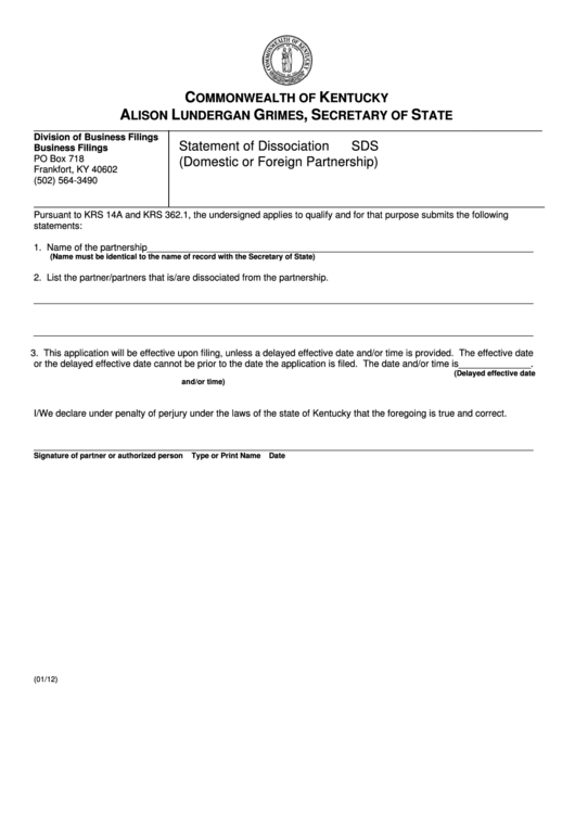 Fillable Form Sds - Statement Of Dissociation (Domestic Or Foreign Partnership) Printable pdf