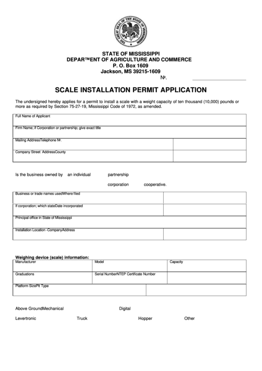 Fillable Scale Installation Permit Application - Mississippi Department Of Agriculture And Commerce Printable pdf