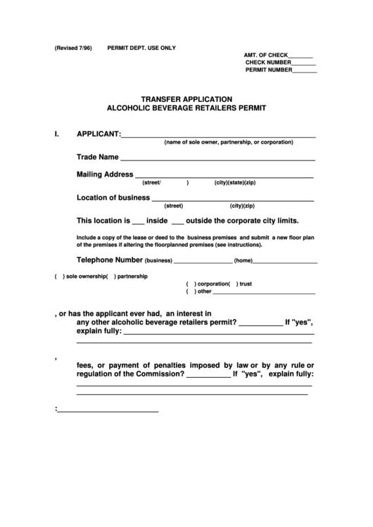 Alcoholic Beverage Retailers Permit Transfer Application Printable pdf