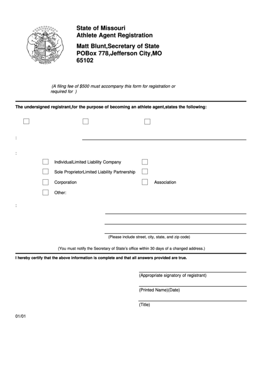 Athlete Agent Registration - Missouri Secretary Of State Printable pdf