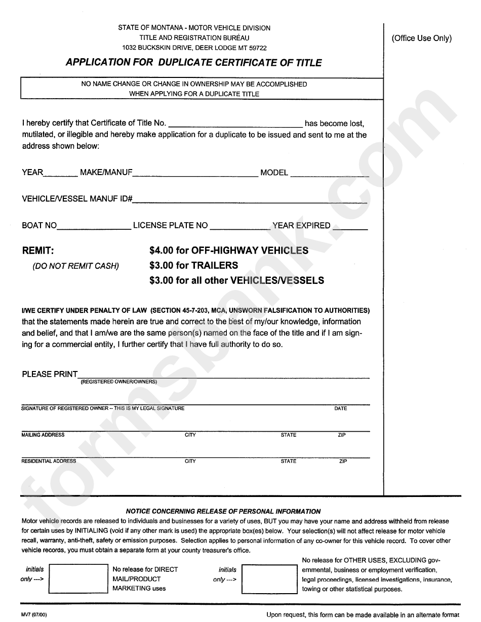 Form Mv7 Application For Duplicate Certificate Of Title Montana Motor Vehicle Division