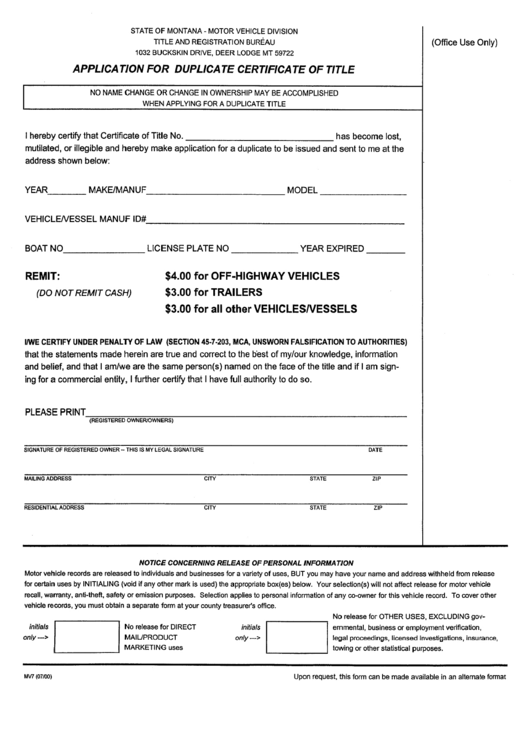 Form Mv7 - Application For Duplicate Certificate Of Title - Montana Motor Vehicle Division Printable pdf