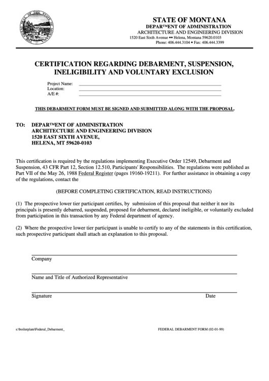 Federal Debarment Form - Certification Regarding Debarment, Suspension, Ineligibility And Voluntary Exclusion - Montana Department Of Administration Printable pdf