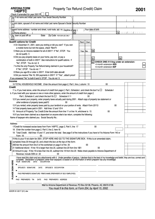 Arizona Form 140ptc - Property Tax Refund (Credit) Claim - 2001 Printable pdf