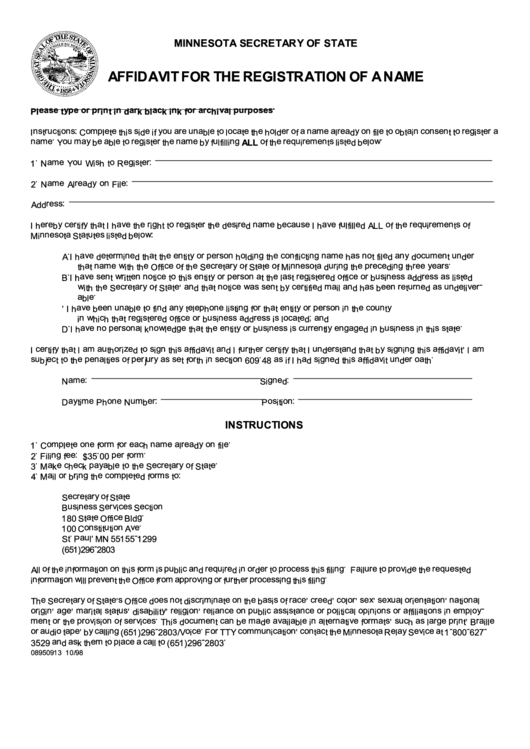 Affidavit For The Registration Of A Name - Minnesota Secretary Of State Printable pdf