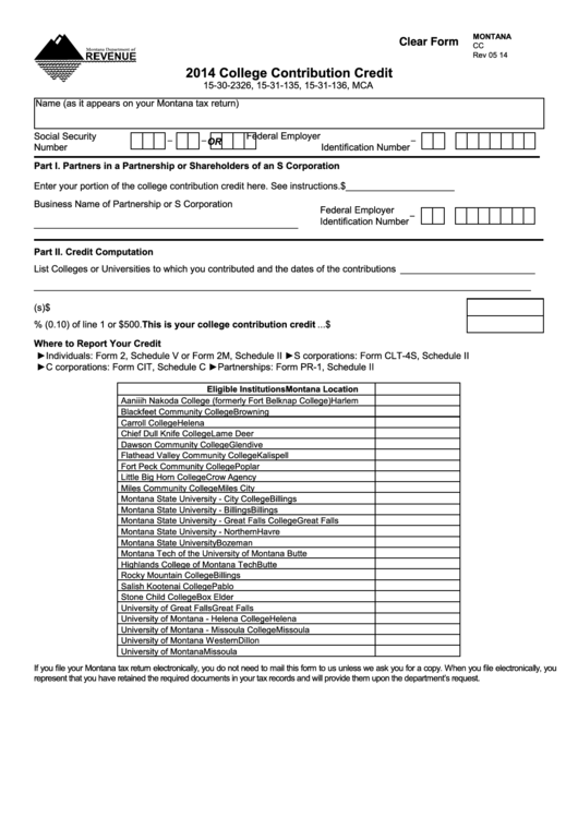 Fillable Montana Form Cc - College Contribution Credit - 2014 Printable pdf