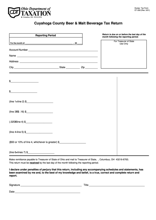 Form Et-200 - Cuyahoga County Beer & Malt Beverage Tax Return Printable pdf