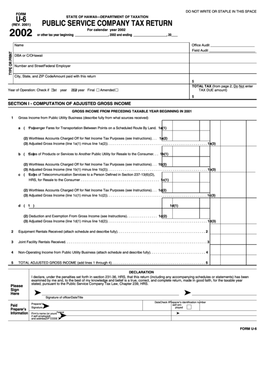 Form U-6 - Public Service Company Tax Return - 2002 Printable pdf