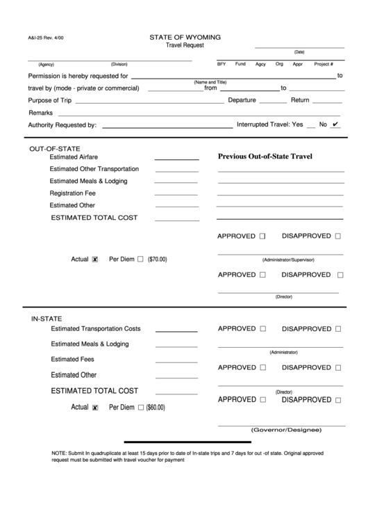 Fillable Form A&i-25 - Travel Request Printable pdf