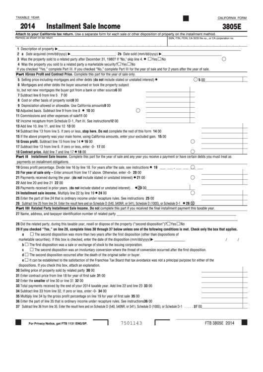 Fillable Form 3805e - Installment Sale Income - California Department Of Revenue - 2014 Printable pdf