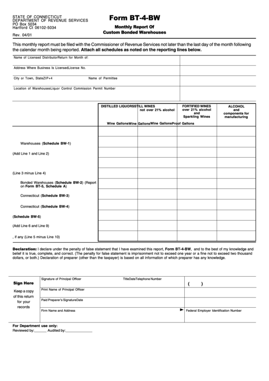 Form Bt-4-Bw - Monthly Report Of Custom Bonded Warehouses - Connecticut Department Of Revenue Printable pdf