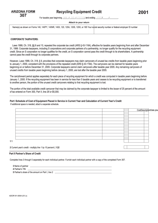 Arizona Form 307 - Recycling Equipment Credit - 2001 Printable pdf
