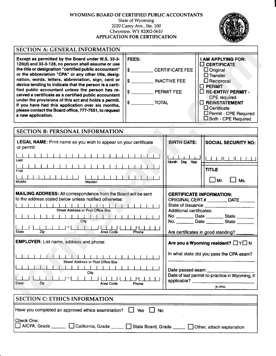 Application For Certification - Wyoming Board Of Certified Public Accountatns