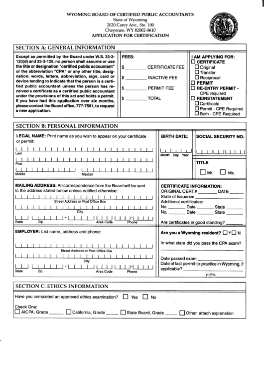 Application For Certification - Wyoming Board Of Certified Public Accountatns Printable pdf