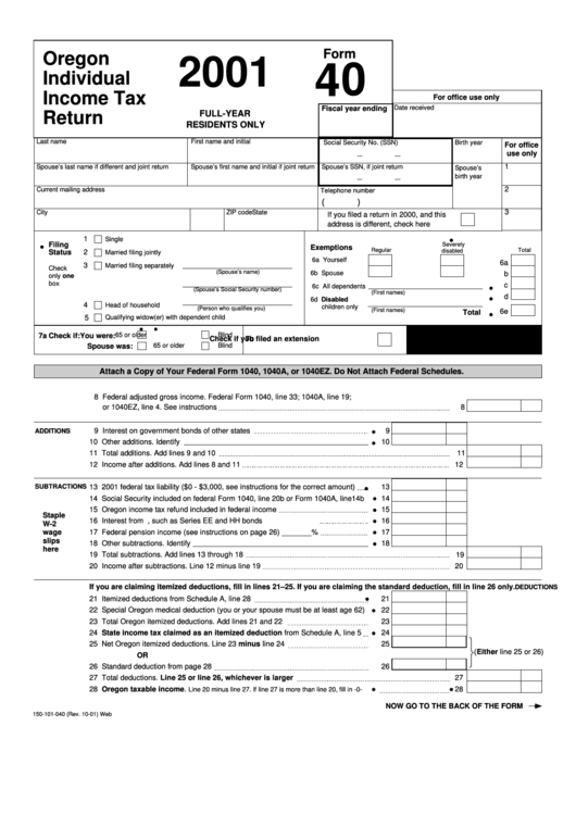 Fillable Form 40 - Oregon Individual Income Tax Return - 2001 Printable pdf