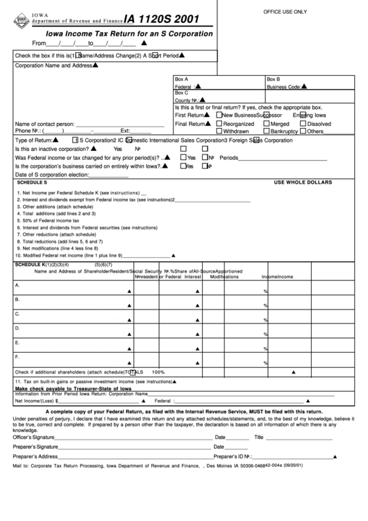 Form Ia 1120s - Iowa Income Tax Return For An S Corporation - 2001 Printable pdf