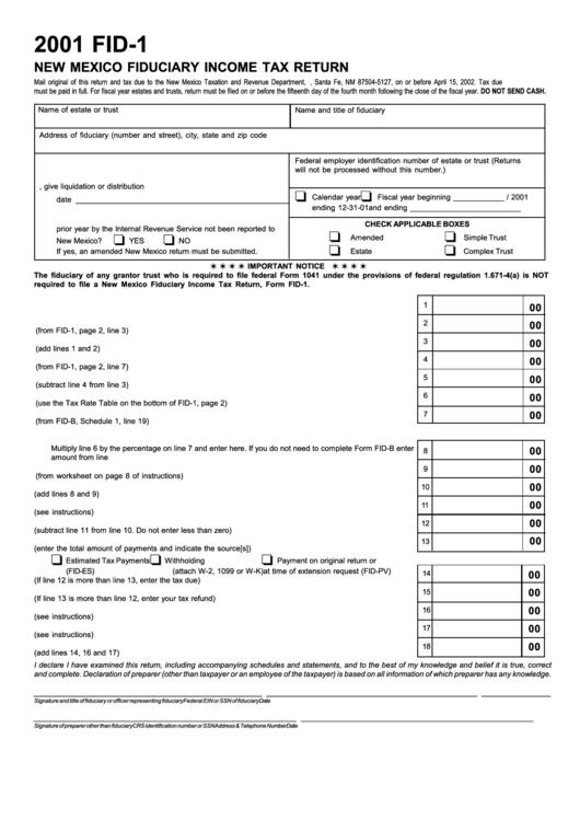 Form Fid-1 - New Mexico Fiduciary Income Tax Return - 2001 Printable pdf