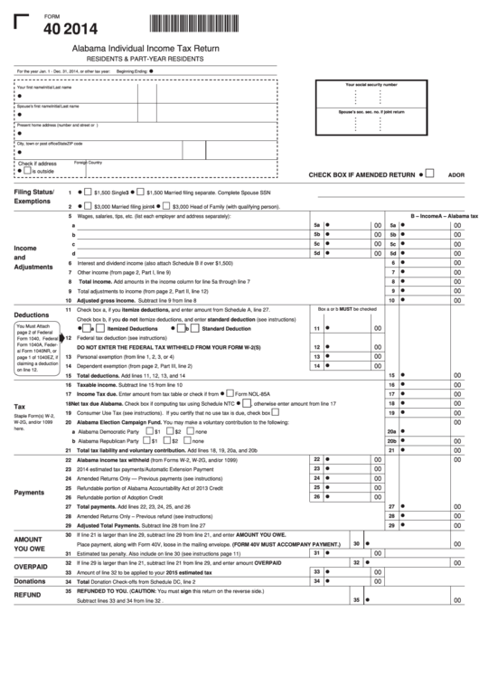 Form 40 - Alabama Individual Income Tax Return - 2014 Printable pdf