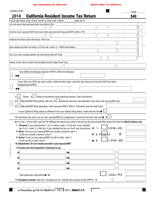 Fillable Form 540 - California Resident Income Tax Return - 2014 Printable pdf