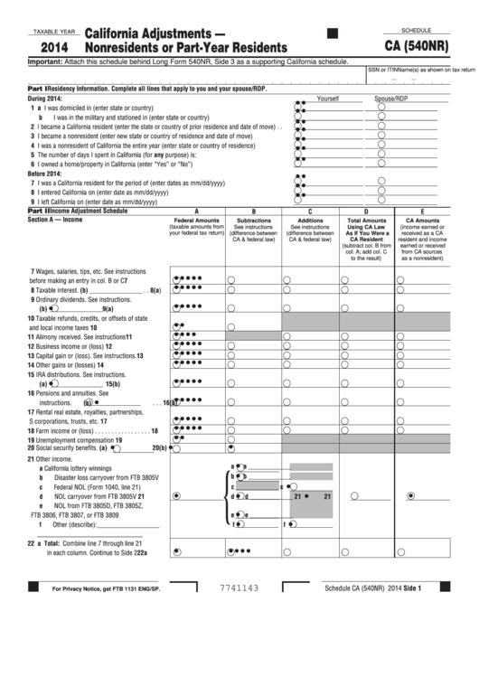 Fillable Schedule Ca (540nr) - California Adjustments, Nonresidents Or Part-Year Residents - 2014 Printable pdf