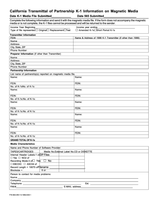 Form Ftb 3604 - California Transmittal Of Partnership K-1 Information On Magnetic Media Printable pdf
