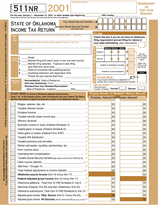 Form 511nr - Oklahoma Income Tax Return - 2001 Printable pdf