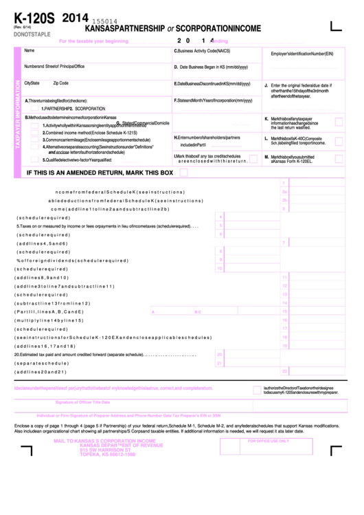 Fillable Form K-120s - Kansas Partnership Or S Corporation Income - 2014 Printable pdf