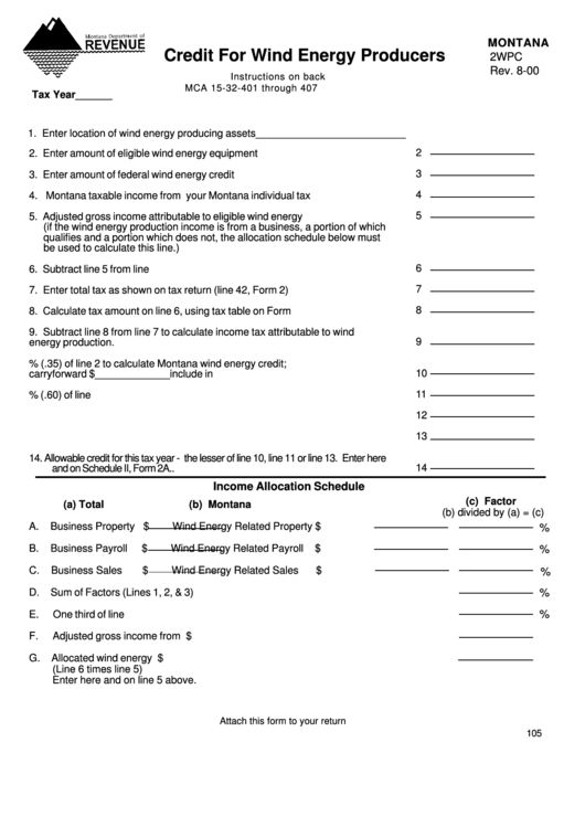 Montana Form 2wpc Credit For Wind Energy Producers 2000 Printable 