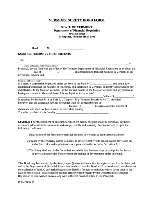 Form Dfr 2/2012 Ia - Vermont Surety Bond Form Printable pdf