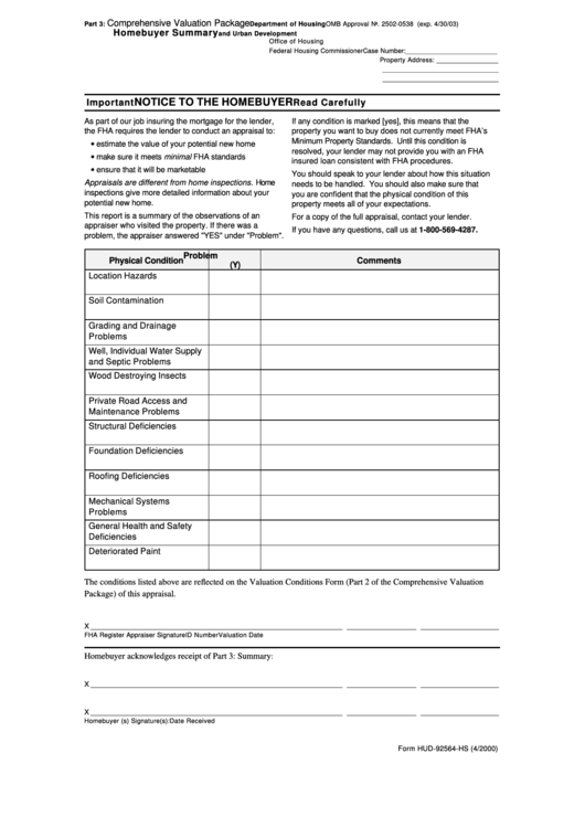 Form Hud-92564-Hs - Notice To The Homebuyer Printable pdf