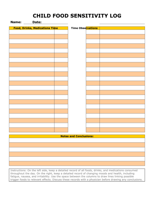 Child Food Sensitivity Detection Log - Yellow Printable pdf